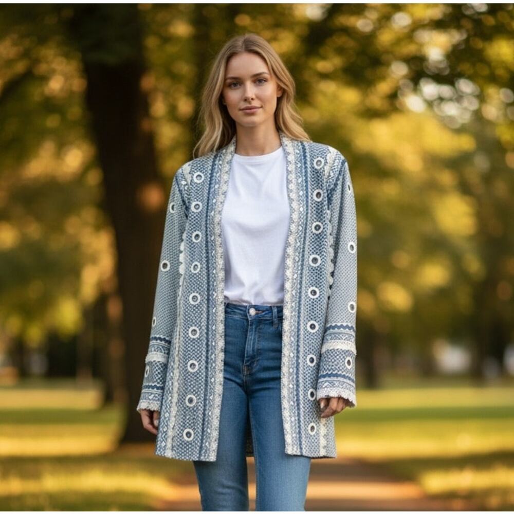 Dodo Bar Or Embroidered Cotton Jacket BNlue White Open Front Resort Boho Size M